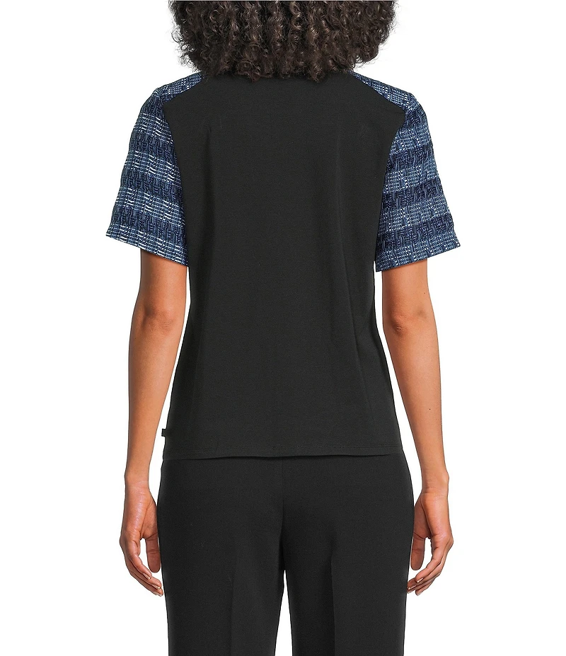 KARL LAGERFELD PARIS Mixed Media Round Neck Short Sleeve Top