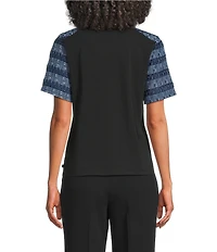 KARL LAGERFELD PARIS Mixed Media Round Neck Short Sleeve Top