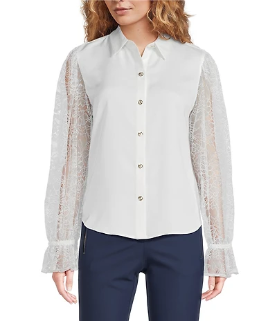 KARL LAGERFELD PARIS Mixed Media Satin Point Collar Long Sleeve Blouse