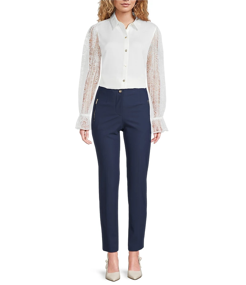 KARL LAGERFELD PARIS Mixed Media Satin Point Collar Long Sleeve Blouse