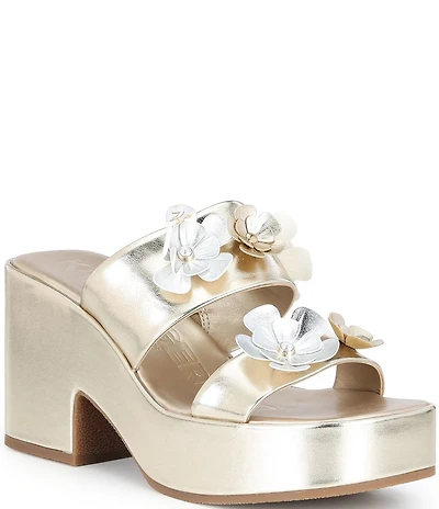 KARL LAGERFELD PARIS Moracco Metallic Floral Double Banded Platform Slide Sandals
