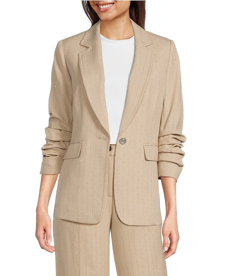 KARL LAGERFELD PARIS Notch Collar 3/4 Sleeve Rhinestone Studded Embellished Pinstripe Coordinating Blazer