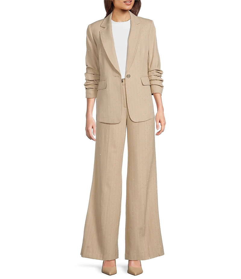 KARL LAGERFELD PARIS Notch Collar 3/4 Sleeve Rhinestone Studded Embellished Pinstripe Coordinating Blazer