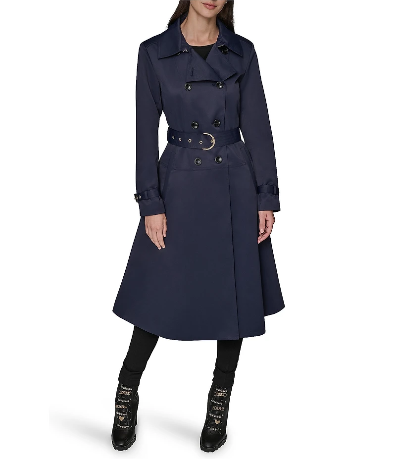 KARL LAGERFELD PARIS Notch Collar Belted Flare Hem Trench Jacket