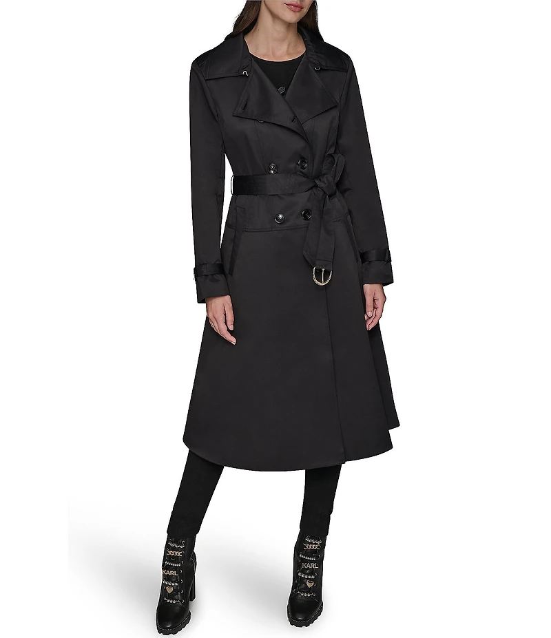 KARL LAGERFELD PARIS Notch Collar Belted Flare Hem Trench Jacket