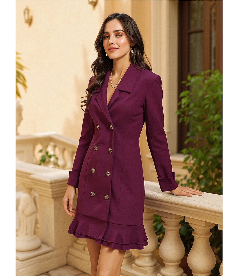KARL LAGERFELD PARIS Notch Lapel Collar Long Sleeve Chiffon Flounce Hem Mini Blazer Dress