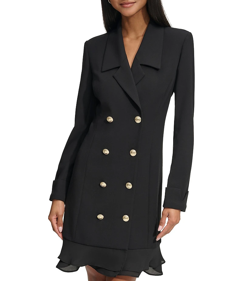 KARL LAGERFELD PARIS Notch Lapel Collar Long Sleeve Chiffon Flounce Hem Mini Blazer Dress