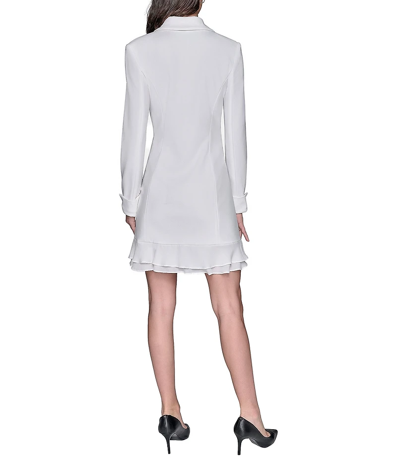 KARL LAGERFELD PARIS Notch Lapel Collar Long Sleeve Chiffon Flounce Hem Mini Blazer Dress