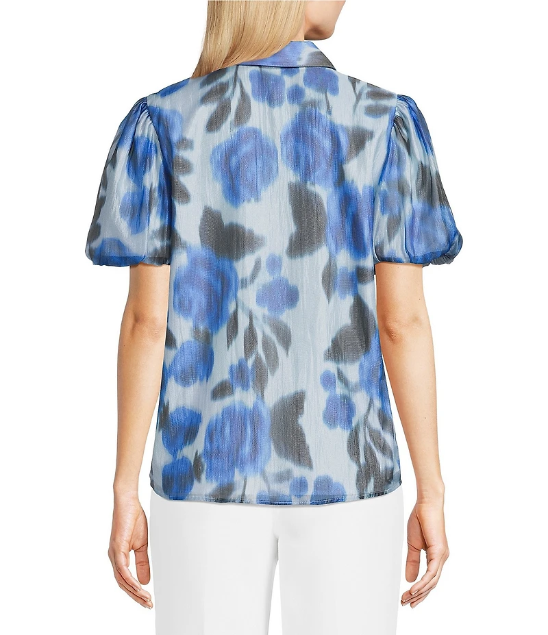 KARL LAGERFELD PARIS Organza Printed Point Collar Short Puff Sleeve Blouse