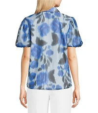 KARL LAGERFELD PARIS Organza Printed Point Collar Short Puff Sleeve Blouse