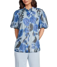 KARL LAGERFELD PARIS Organza Printed Point Collar Short Puff Sleeve Blouse