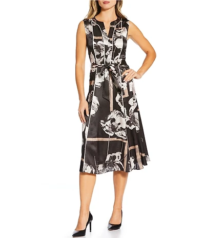 KARL LAGERFELD PARIS Paris Crinkle Poly Satin Abstract Floral Cap Sleeve Belted Midi Dress