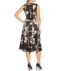 KARL LAGERFELD PARIS Paris Crinkle Poly Satin Abstract Floral Cap Sleeve Belted Midi Dress