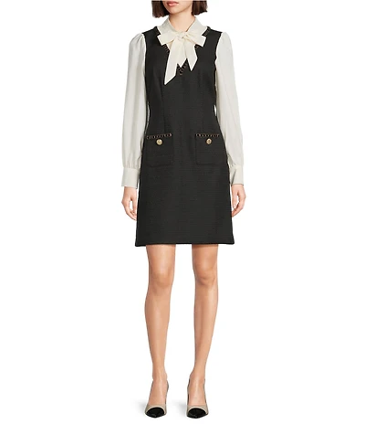KARL LAGERFELD PARIS Paris Tweed Silky Crepe Long Sleeve Tie Neck Shift Dress