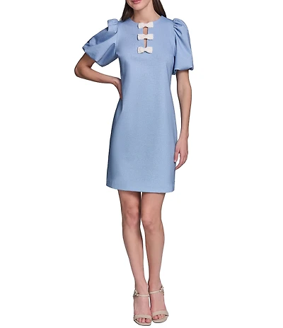 KARL LAGERFELD PARIS Pearl Bow Detail Puff Short Sleeve Ponte Dress