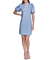 KARL LAGERFELD PARIS Pearl Bow Detail Puff Short Sleeve Ponte Dress