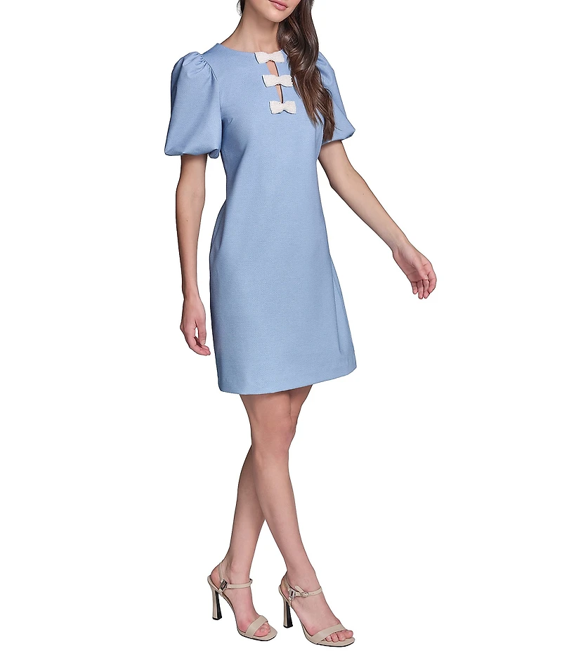 KARL LAGERFELD PARIS Pearl Bow Detail Puff Short Sleeve Ponte Dress