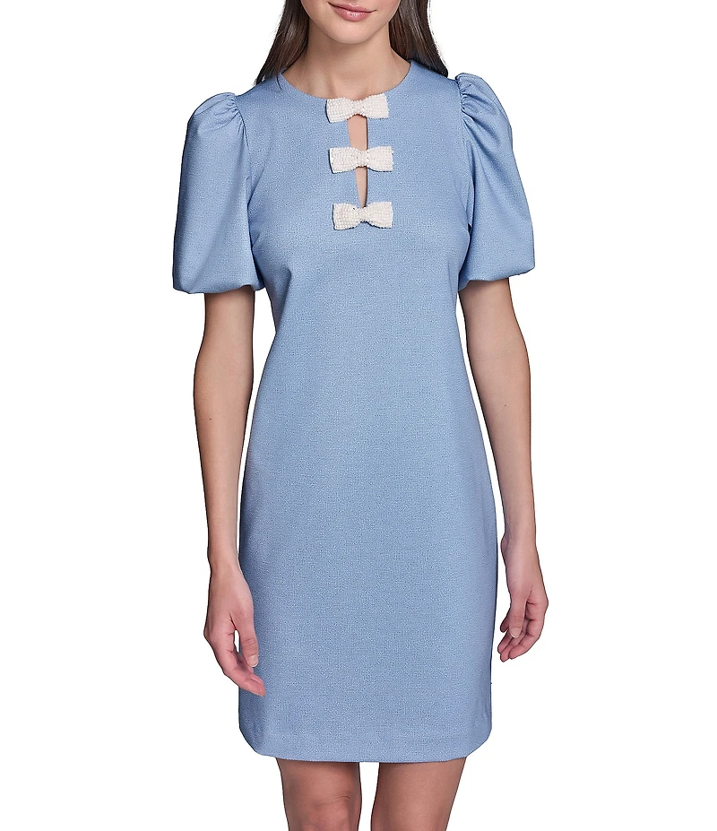 KARL LAGERFELD PARIS Pearl Bow Detail Puff Short Sleeve Ponte Dress