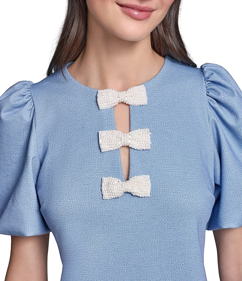 KARL LAGERFELD PARIS Pearl Bow Detail Puff Short Sleeve Ponte Dress