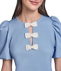KARL LAGERFELD PARIS Pearl Bow Detail Puff Short Sleeve Ponte Dress