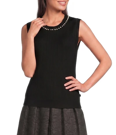 KARL LAGERFELD PARIS Pearl Embellished Crew Neck Sleeveless Tank