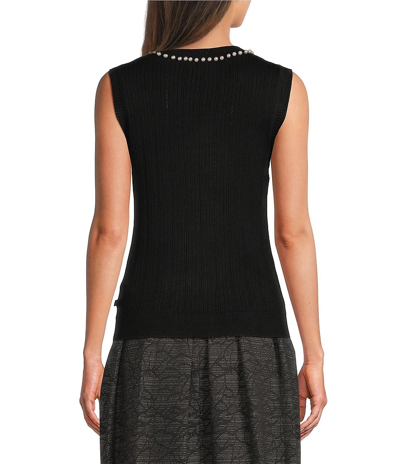 KARL LAGERFELD PARIS Pearl Embellished Crew Neck Sleeveless Tank