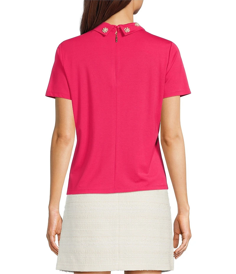 KARL LAGERFELD PARIS Pearl Flower Embellished Point Collar Short Sleeve Polo