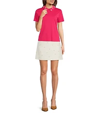 KARL LAGERFELD PARIS Pearl Flower Embellished Point Collar Short Sleeve Polo