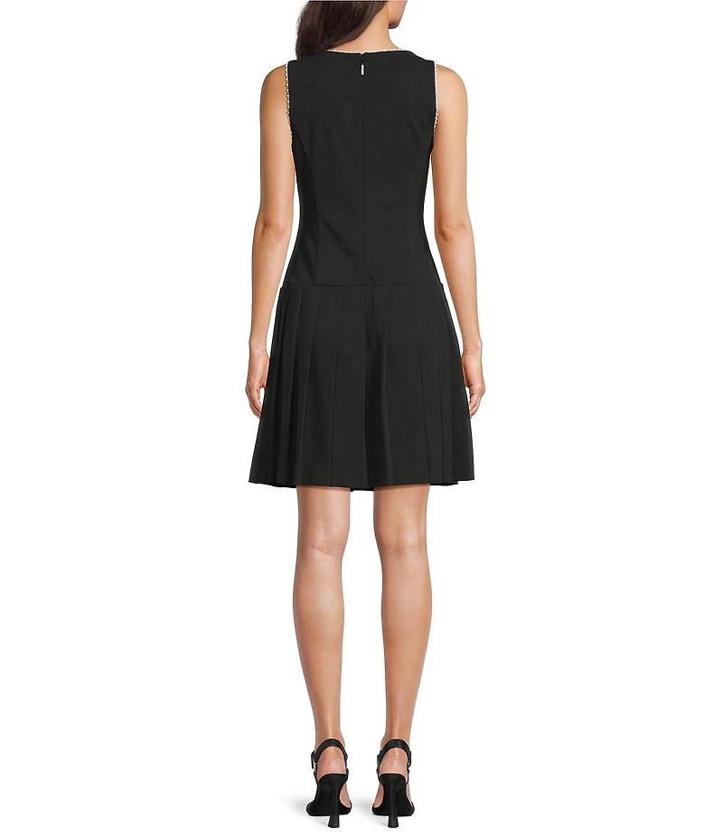 KARL LAGERFELD PARIS Pearl Trim Bow Front Scuba Crepe Pleated Skirt Shift Dress