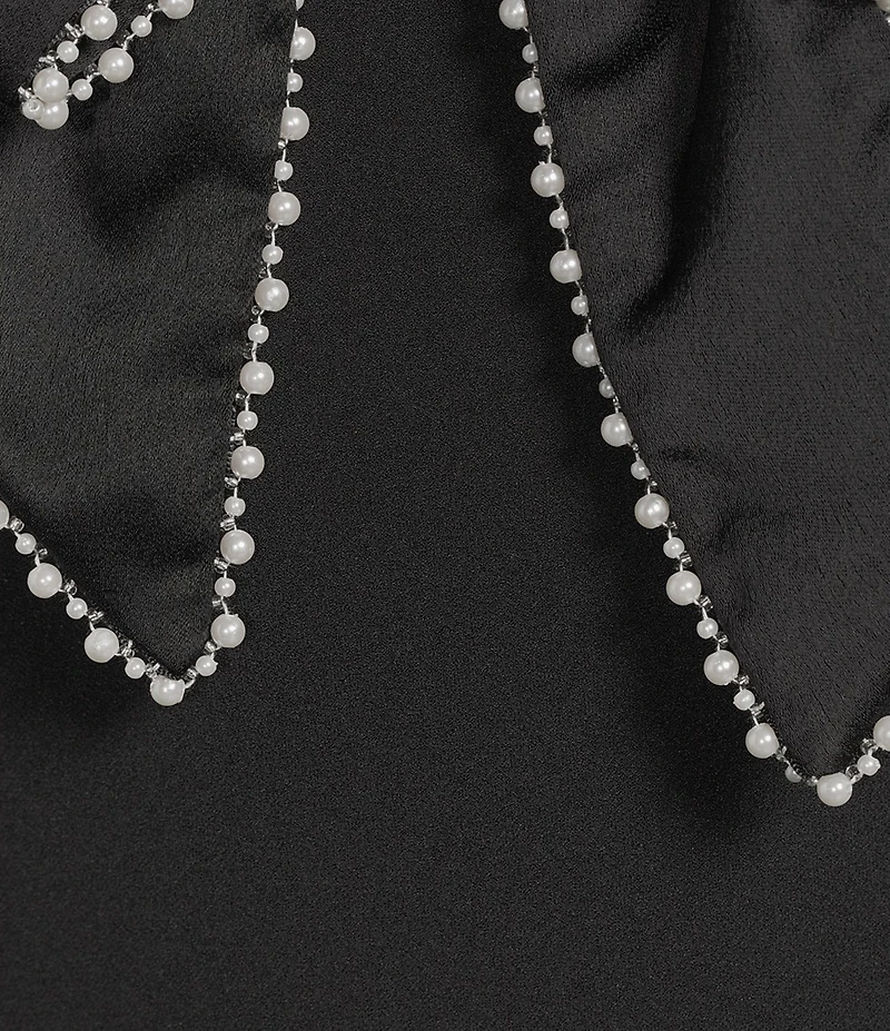 KARL LAGERFELD PARIS Pearl Trim Bow Front Scuba Crepe Pleated Skirt Shift Dress