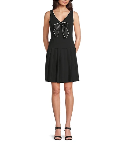 KARL LAGERFELD PARIS Pearl Trim Bow Front Scuba Crepe Pleated Skirt Shift Dress