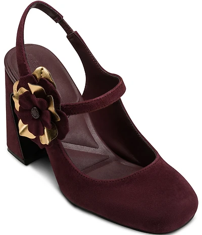 KARL LAGERFELD PARIS Pierra Suede Floral Ornament Mary Jane Slingback Pumps