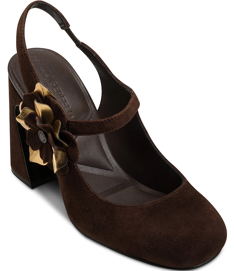 KARL LAGERFELD PARIS Pierra Suede Floral Ornament Mary Jane Slingback Pumps