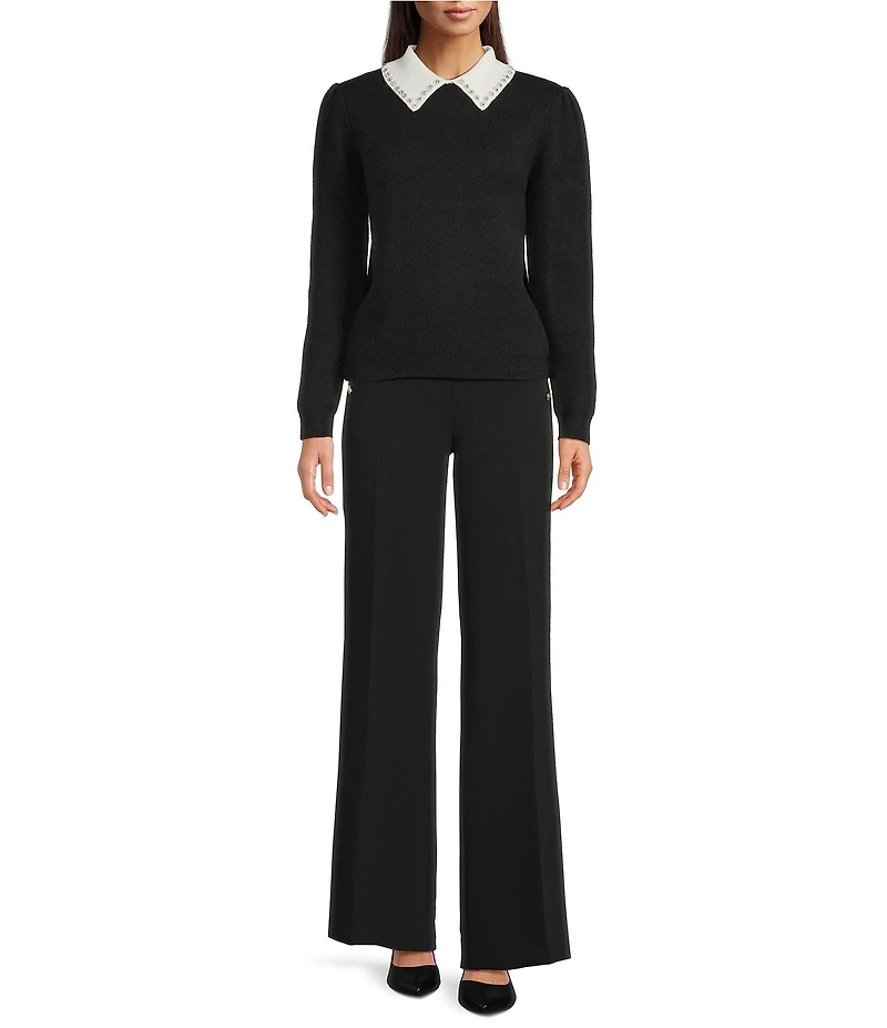 KARL LAGERFELD PARIS Point Collar Long Sleeve Jeweled Sweater