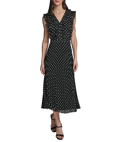 KARL LAGERFELD PARIS Polka Dot Chiffon V-Neck Midi Dress