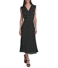 KARL LAGERFELD PARIS Polka Dot Chiffon V-Neck Midi Dress
