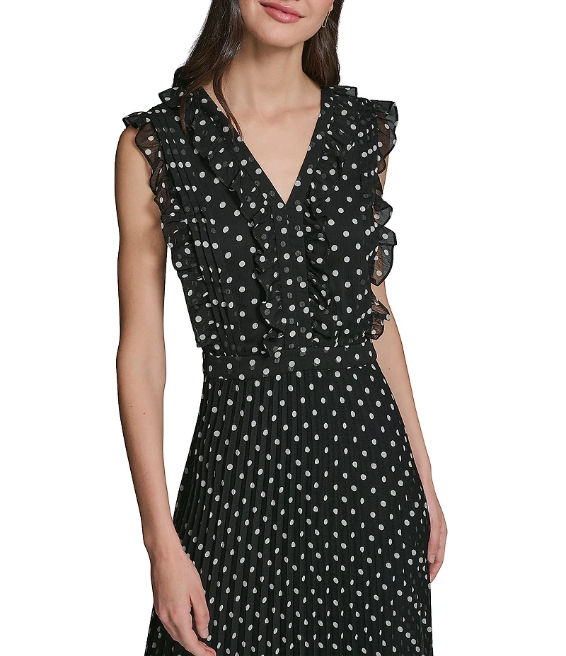 KARL LAGERFELD PARIS Polka Dot Chiffon V-Neck Midi Dress