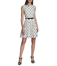 KARL LAGERFELD PARIS Polka Dot Crew Neck Seersucker Drop Waist Belted Dress
