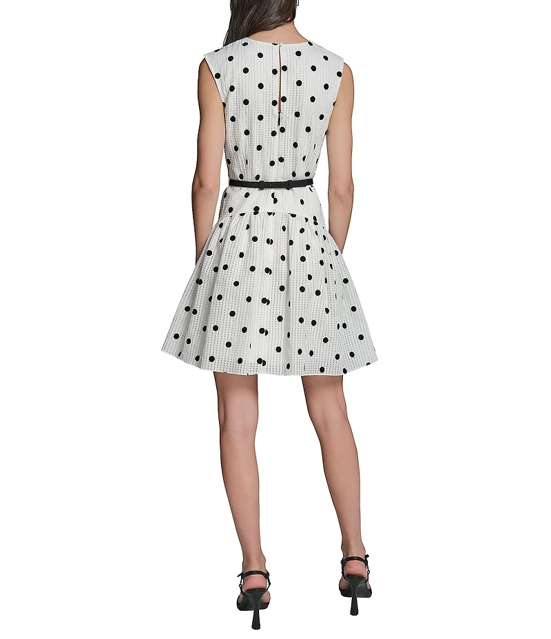 KARL LAGERFELD PARIS Polka Dot Crew Neck Seersucker Drop Waist Belted Dress
