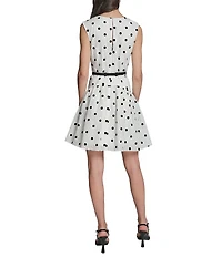 KARL LAGERFELD PARIS Polka Dot Crew Neck Seersucker Drop Waist Belted Dress