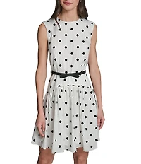 KARL LAGERFELD PARIS Polka Dot Crew Neck Seersucker Drop Waist Belted Dress