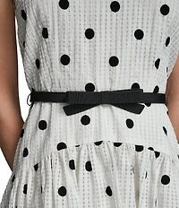 KARL LAGERFELD PARIS Polka Dot Crew Neck Seersucker Drop Waist Belted Dress