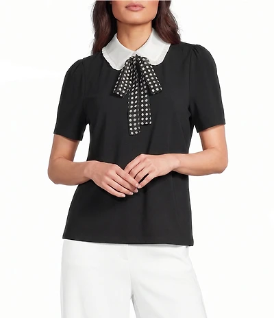 KARL LAGERFELD PARIS Ponte Rounded Collar Short Sleeve Top