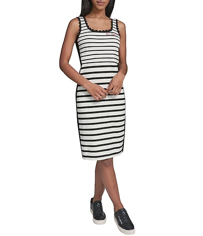 KARL LAGERFELD PARIS Ponte Stripe Crew Neck Sleeveless Tank Dress