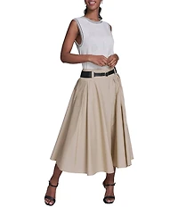 KARL LAGERFELD PARIS Poplin Belted Midi Skirt