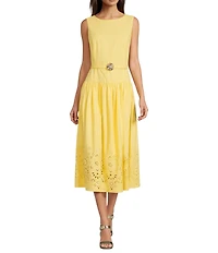 KARL LAGERFELD PARIS Poplin Drop Waist Crew Neck Sleeveless Laser Cut Hem Midi Dress