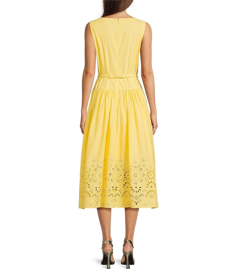 KARL LAGERFELD PARIS Poplin Drop Waist Crew Neck Sleeveless Laser Cut Hem Midi Dress