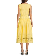 KARL LAGERFELD PARIS Poplin Drop Waist Crew Neck Sleeveless Laser Cut Hem Midi Dress