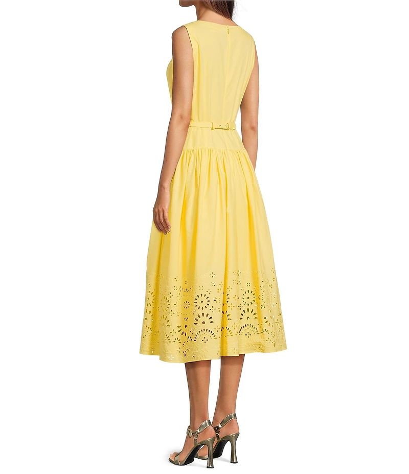 KARL LAGERFELD PARIS Poplin Drop Waist Crew Neck Sleeveless Laser Cut Hem Midi Dress