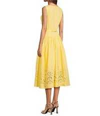 KARL LAGERFELD PARIS Poplin Drop Waist Crew Neck Sleeveless Laser Cut Hem Midi Dress